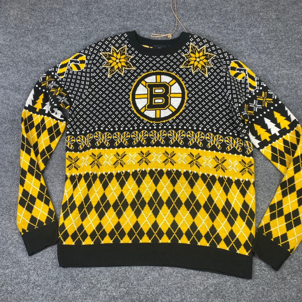 Boston Bruins NHL Ugly Christmas Sweater Mens XL Black Yellow Argyle Reindeer